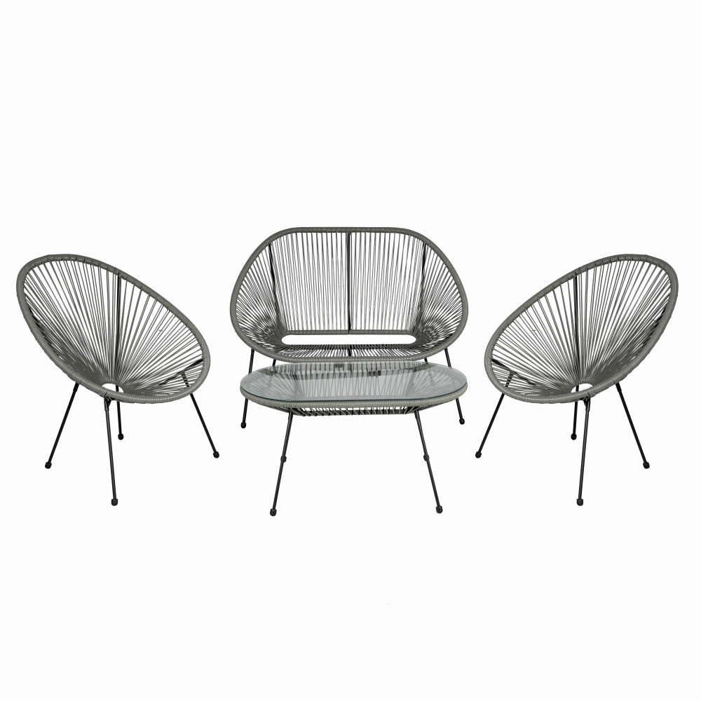 Set mobilier terasa/gradina KLUGMEISTER KJF3643, doua scaune + canapea + masuta, material otel + ratan, culoare gri – In lucru Set mobilier terasa/gradina KLUGMEISTER KJF3643, doua scaune + canapea + masuta, material otel + ratan, culoare gri - In lucru