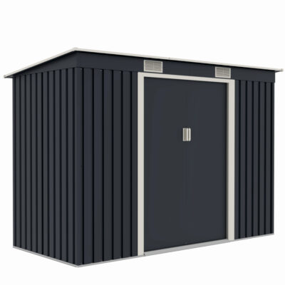 Casuta / magazie de gradina premium metalica, MESTERINO S2001-B, Gri/Bej, dimensiuni 261x121x176 cm, cu usi culisante si baza metalica