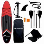 Set placa gonflabila Stand Up Paddle Mesterino Aqua SUP081, 320x81x15cm, geantă de transport, vasla, pompa, scaun, lesa, kit de reparatii, culoare Abstract Negru-Rosu - Articole sportive