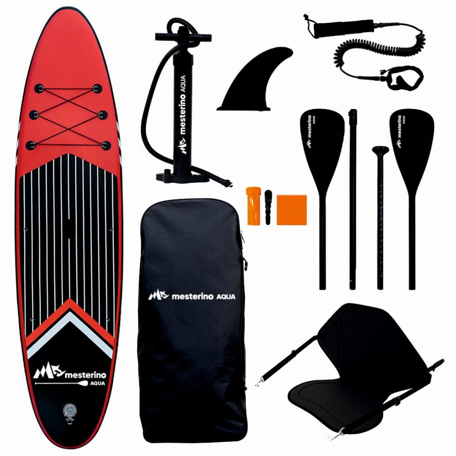 Set placa gonflabila Stand Up Paddle Mesterino Aqua SUP081, 320x81x15cm, geantă de transport, vasla, pompa, scaun, lesa, kit de reparatii, culoare Abstract Negru-Rosu - Articole sportive