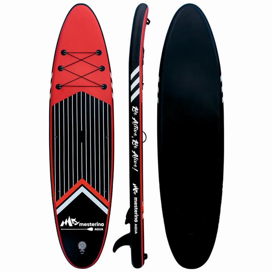 Set placa gonflabila Stand Up Paddle Mesterino Aqua SUP081, 320x81x15cm, geantă de transport, vasla, pompa, scaun, lesa, kit de reparatii, culoare Abstract Negru-Rosu - Articole sportive
