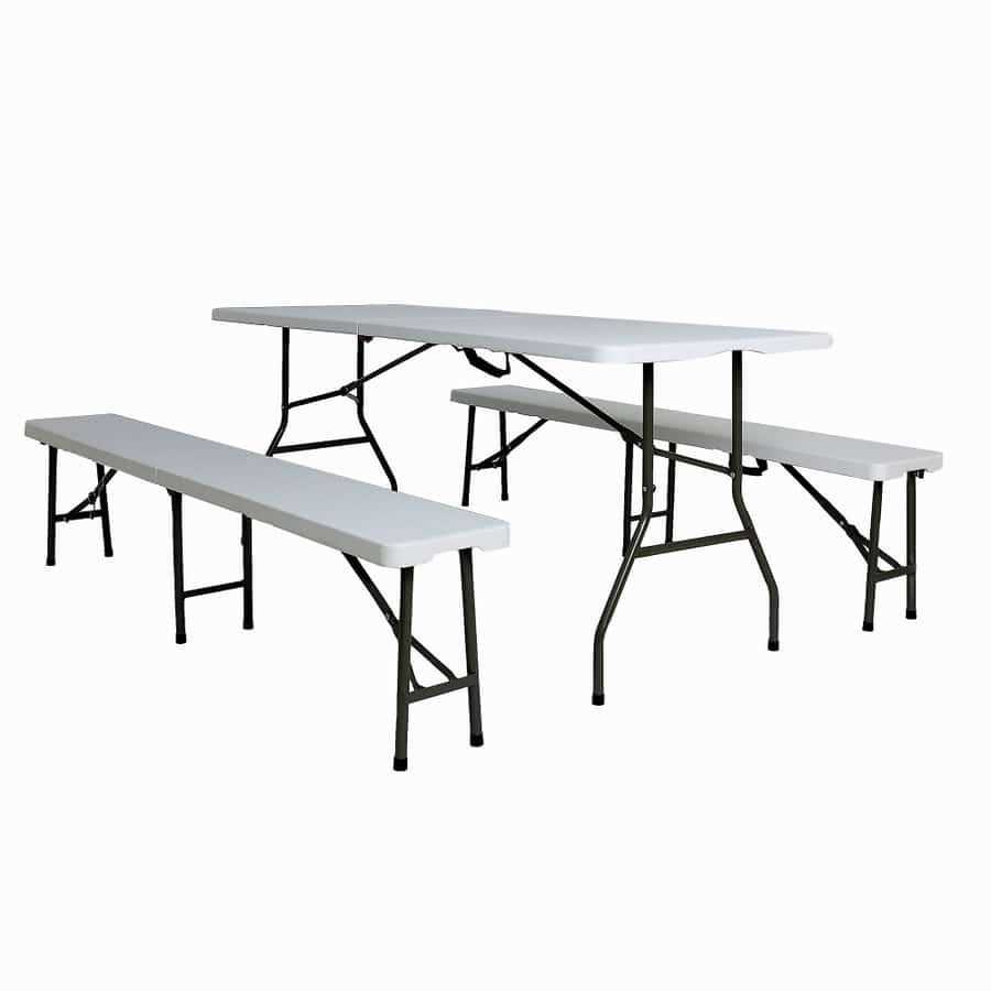 Set masa pliabila 4 persoane din otel cu HDPE 180x70x74 cm + doua banci pliabile din otel si HDPE 183x28x43cm, MESTERINO FURNITURE KJC2061-SET, culoare alba (copiază) - Mobilier de gradina