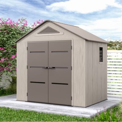Casuta / magazie de gradina din polietilena HDPE MESTERINO PLATO-A, usi si acoperis maro, pereti gri antracit, 250x180x242 cm, cu podea din plastic HDPE, cinci carlige si doua polite CADOU - SimpleTools