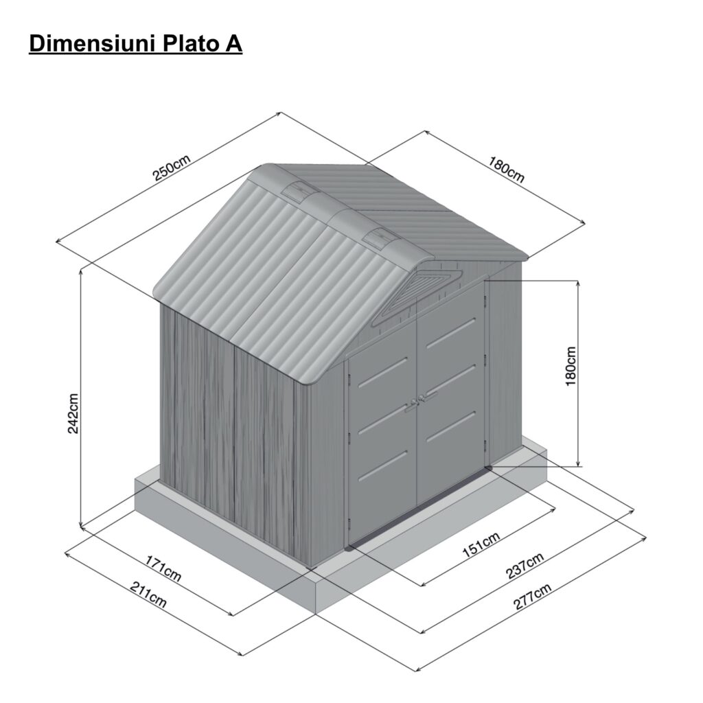 Casuta / magazie de gradina din polietilena HDPE MESTERINO PLATO-A, usi si acoperis maro, pereti gri antracit, 250x180x242 cm, cu podea din plastic HDPE, cinci carlige si doua polite CADOU - Mobilier de gradina