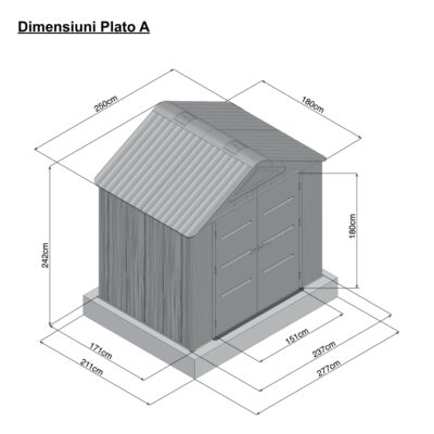 Casuta / magazie de gradina din polietilena HDPE MESTERINO PLATO-A, usi si acoperis maro, pereti gri antracit, 250x180x242 cm, cu podea din plastic HDPE, cinci carlige si doua polite CADOU - SimpleTools