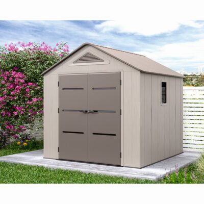 Casuta / magazie de gradina din polietilena HDPE MESTERINO Plato-B, usi si acoperis maro, pereti gri antracit, 250x246x242 cm, cu podea din plastic HDPE, cinci carlige si doua polite CADOU - SimpleTools