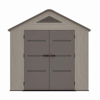 Casuta / magazie de gradina din polietilena HDPE Mesterino PLATO-D, usi si acoperis maro, pereti gri antracit, 250x378x242 cm, cu podea din plastic HDPE, cinci carlige si doua polite CADOU - Mobilier de gradina