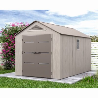 Casuta / magazie de gradina din polietilena HDPE Mesterino PLATO-D, usi si acoperis maro, pereti gri antracit, 250x378x242 cm, cu podea din plastic HDPE, cinci carlige si doua polite CADOU - Mobilier de gradina