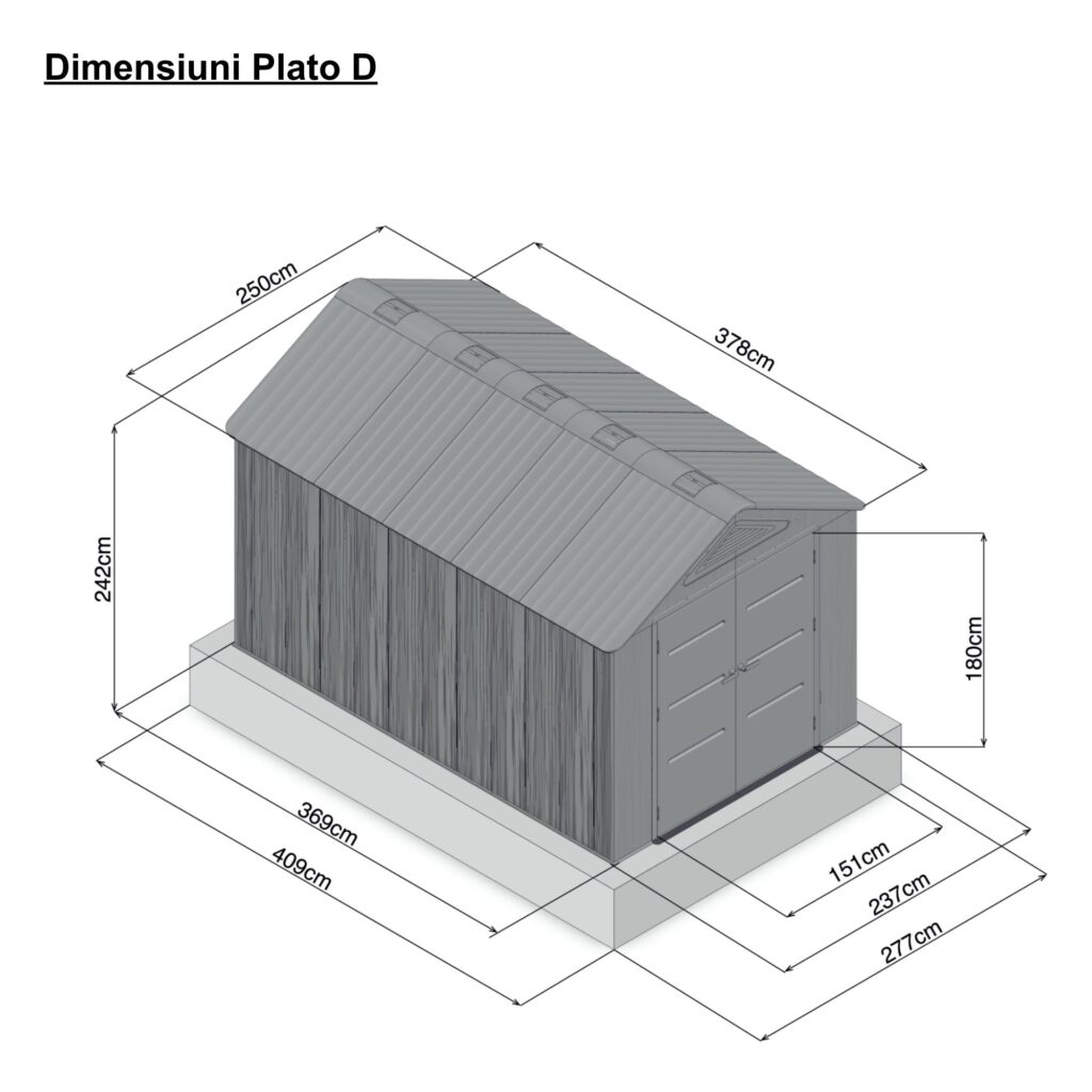Casuta / magazie de gradina din polietilena HDPE Mesterino PLATO-D, usi si acoperis maro, pereti gri antracit, 250x378x242 cm, cu podea din plastic HDPE, cinci carlige si doua polite CADOU - Mobilier de gradina