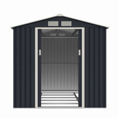 Casuta / magazie de gradina metalica MESTERINO Archer-Plus-C-3, gri/bej, 213x322x205 cm, cu usi culisante, baza metalica CADOU - SimpleTools