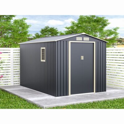 Casuta / magazie de gradina metalica MESTERINO Archer-Plus-C-3, gri/bej, 213x322x205 cm, cu usi culisante, baza metalica CADOU - SimpleTools
