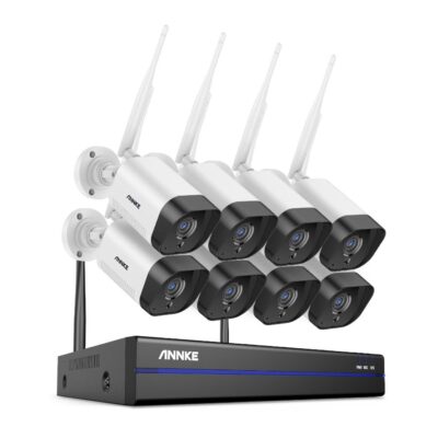 Sistem performant de supraveghere video WiFi ANNKE N48WHR+I71GK*8, NVR 8 canale, 8 camere tip Bullet interior/exterior 3MP, Super HD, vedere nocturna IR, audio, rezistent la intemperii