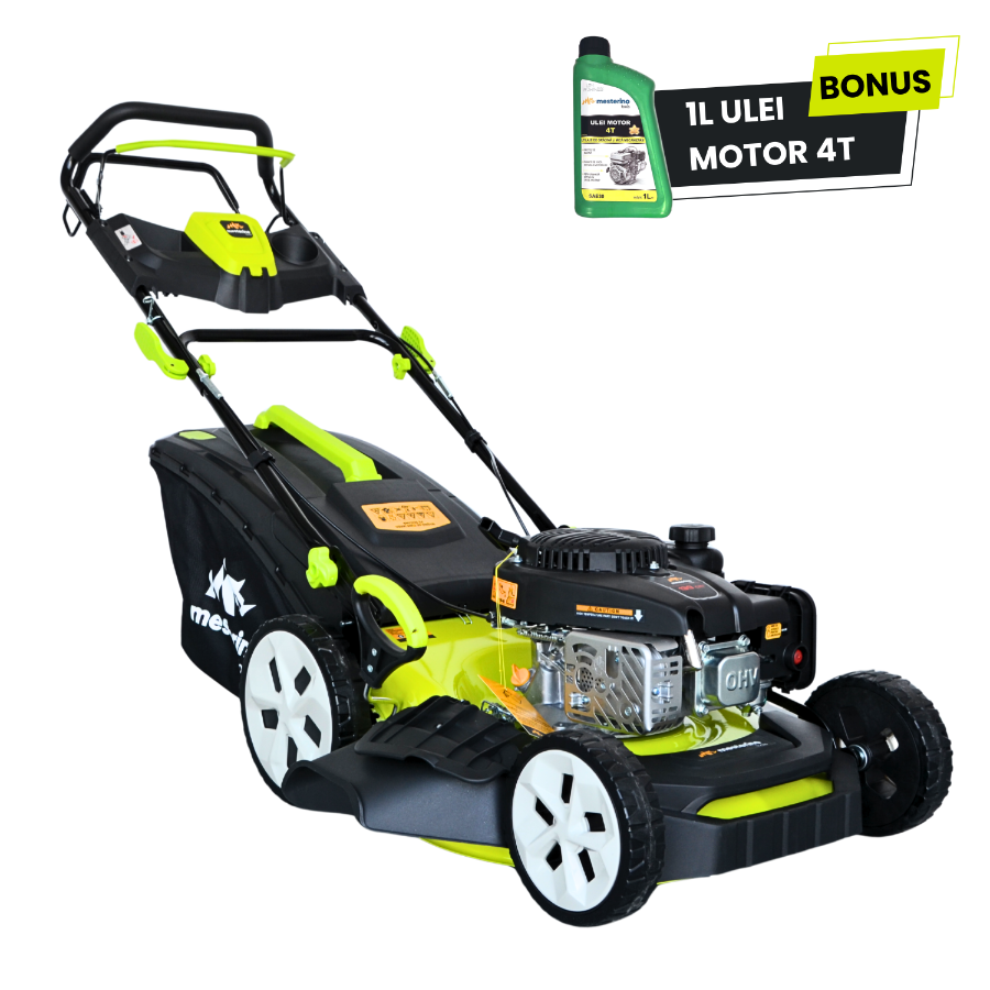 Masina tuns iarba/gazon autopropulsata MESTERINO BJXPM46-139, motor LONCIN 4 timpi, 3.3 cai, sasiu metal, latime taiere 46 cm, 8 nivele de taiere, sac colector 60 litri, evacuare lateral si mulcire - Masini tuns iarba
