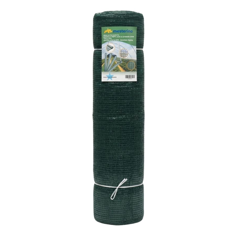 Plasa pentru umbrire, polietilena HDPE pura, MESTERINO 50105050, 10 m X 50 m, grad de umbrire 50%, densitate 50g/mp, verde inchis, protectie UV/IR - Plasa umbrire