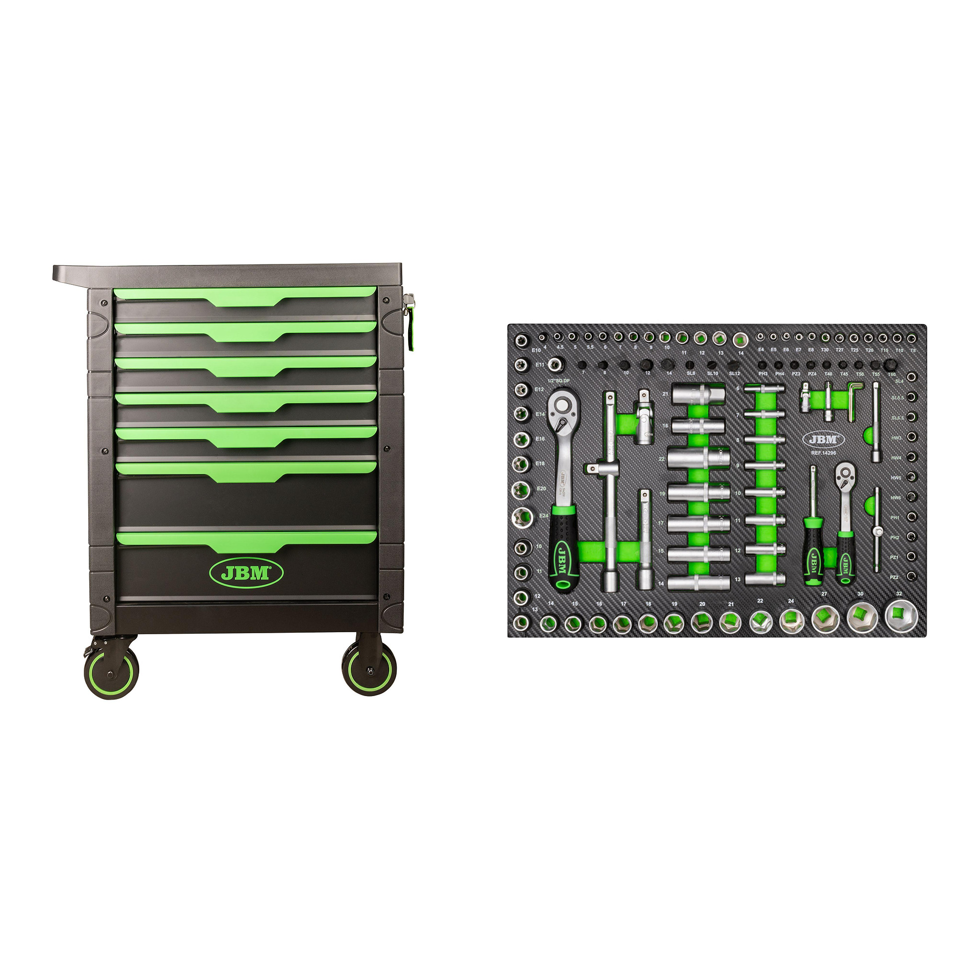 Carucior de scule verde cu 7 sertare (54503) + modul de tubulare 108 piese ( 14296Y) – In lucru Carucior de scule verde cu 7 sertare (54503) + modul de tubulare 108 piese ( 14296Y) - In lucru