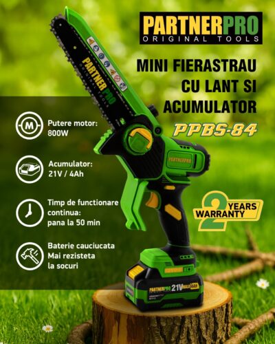 Mini Fierăstrău cu Lanț și Acumulator PPBS-84 PARTNERPRO, Brushless, 21V / 4Ah, Indicator sarcină - In lucru