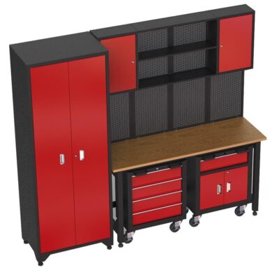 Mobilier de atelier cu sertare si dulapuri de depozitare, blat din lemn, 107 piese, MARCO TOOLS