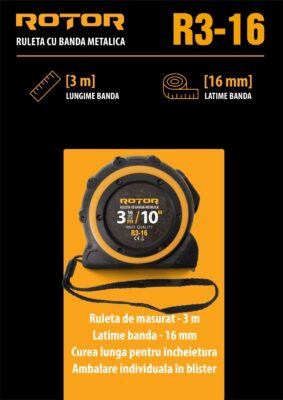 Ruletă 3m x 16mm ROTOR R3-16, Curea de mână, Auto-blocare
