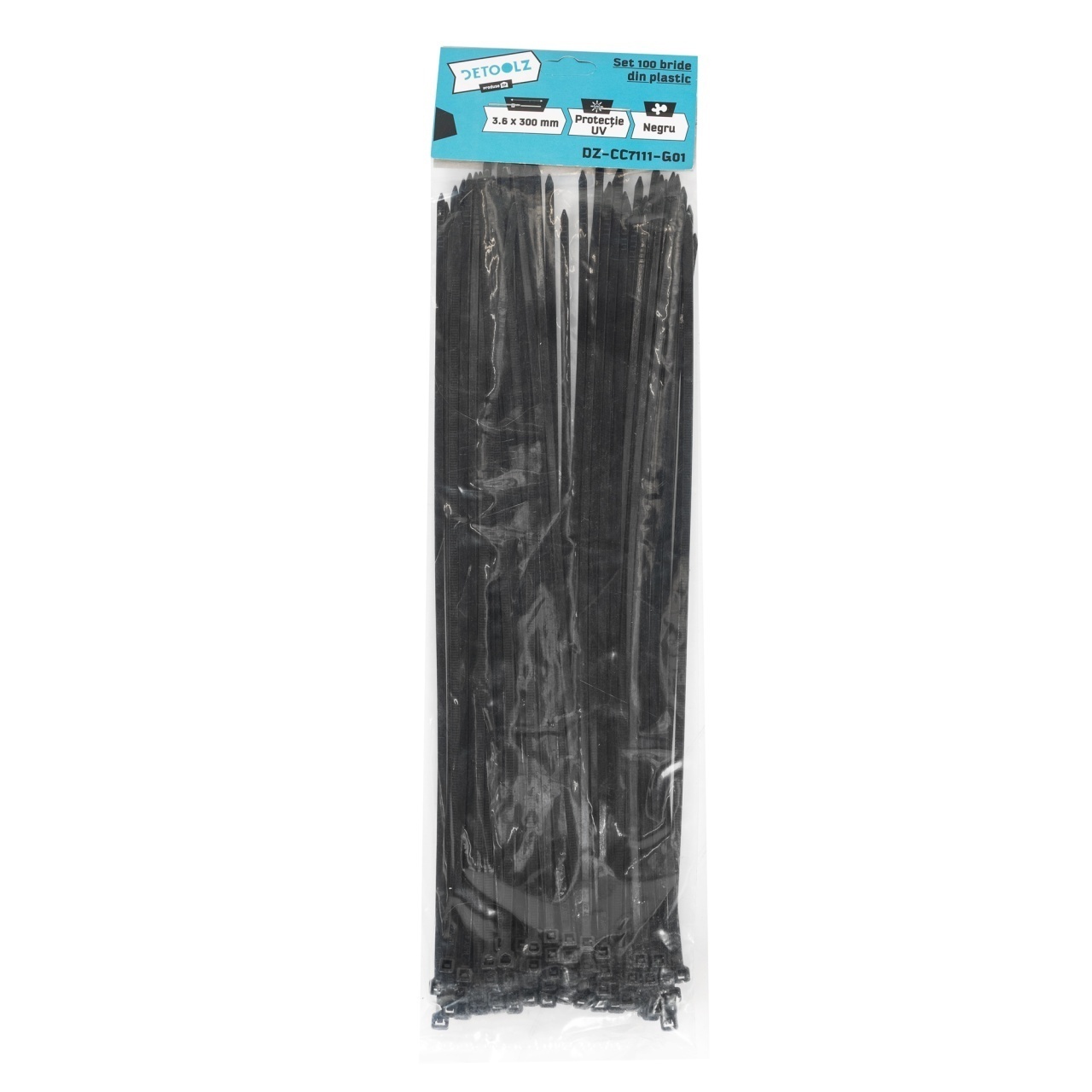 Set 100 bride plastic Detoolz 3.6x300mm , protectie UV, NEGRU – In lucru Set 100 bride plastic Detoolz 3.6x300mm , protectie UV, NEGRU - In lucru