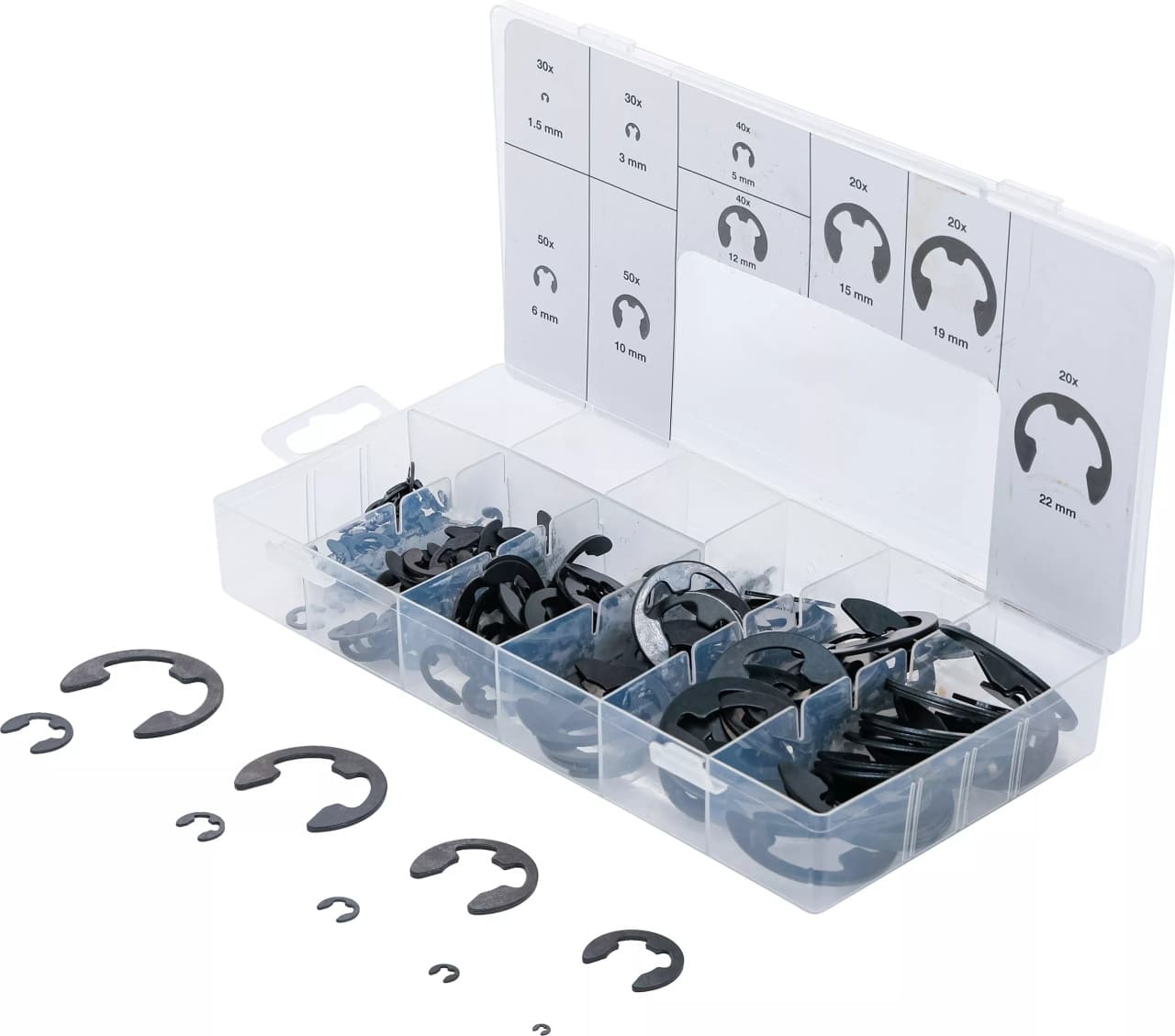 Set inele de siguranţa Tip E, dimensiuni 1,5 – 22 mm, 300 piese, BGS 8039 – SimpleTools Set inele de siguranţa Tip E, dimensiuni 1,5 - 22 mm, 300 piese, BGS 8039 - SimpleTools