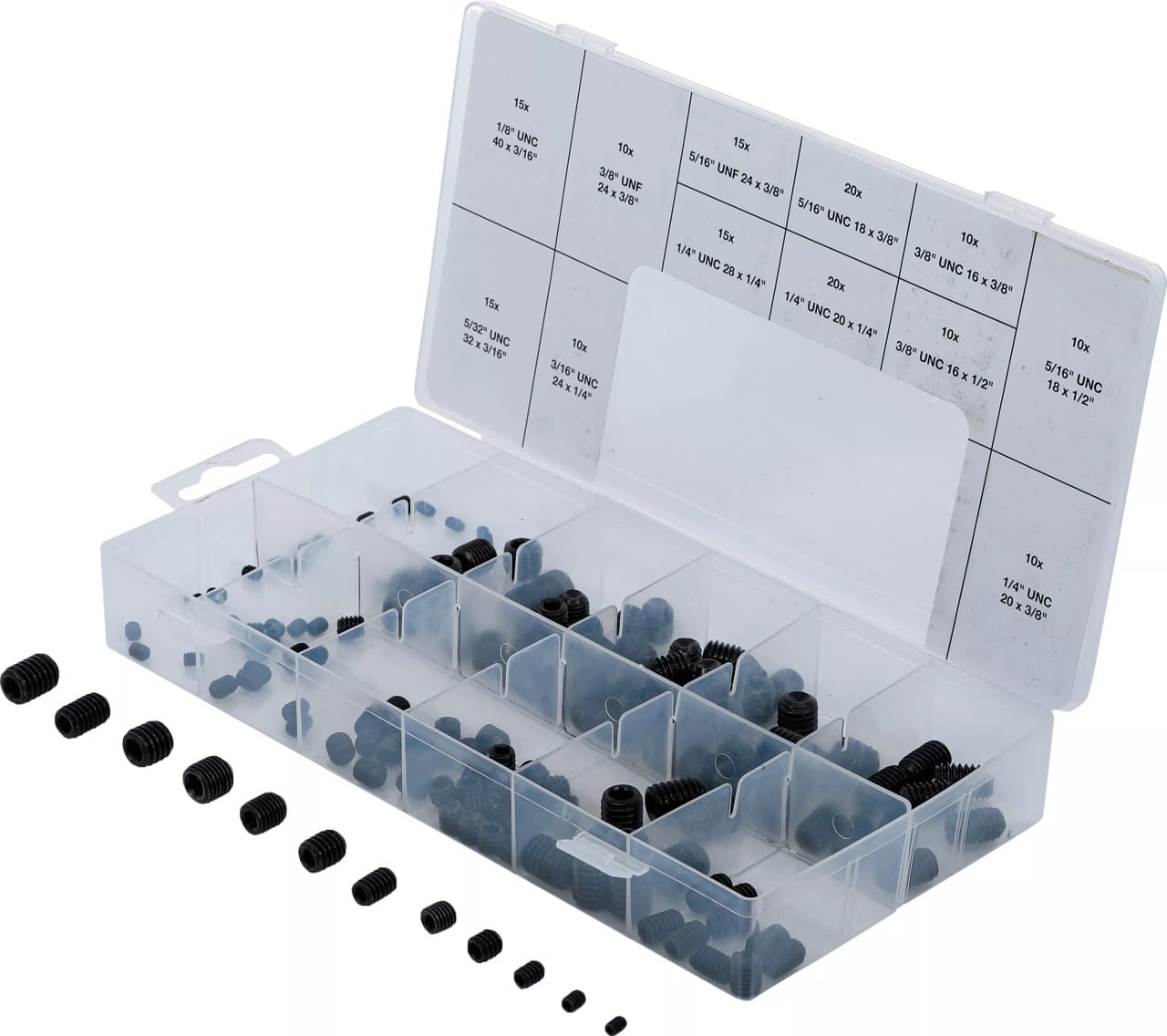 Sortiment şuruburi de blocare fara cap, marimi in ţoli, 160 piese, BGS 14136 – SimpleTools Sortiment şuruburi de blocare fara cap, marimi in ţoli, 160 piese, BGS 14136 - SimpleTools