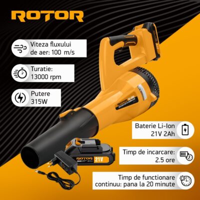 Suflantă aer pe acumulator ROTOR RS-2000 cu 1 acumulator 21V / 2Ah si incarcator ROTOR - In lucru