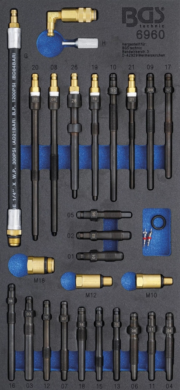 Suport organizator pentru carucior 1/3: Set de adaptoare pentru tester compresie si pierdere presiune, 30 piese, BGS 6960 - Testere presiune/compresie si injectie