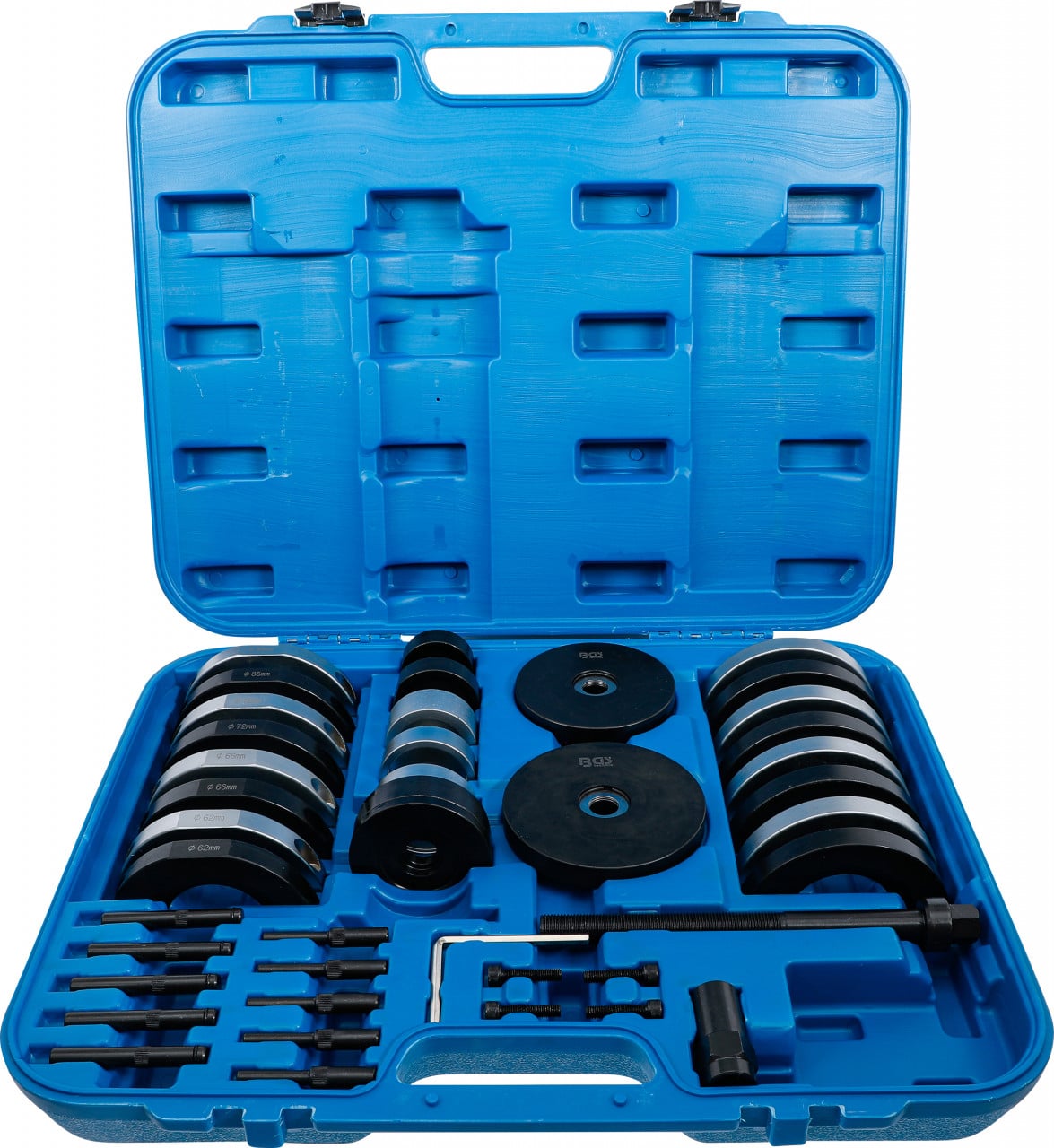Trusa pentru demontarea si montarea rulmentilor de roata Volkswagen / Audi cu dimensiunile: 62 – 66 – 72 si 85 mm , BGS 9086 – SimpleTools Trusa pentru demontarea si montarea rulmentilor de roata Volkswagen / Audi cu dimensiunile: 62 - 66 - 72 si 85 mm , BGS 9086 - SimpleTools