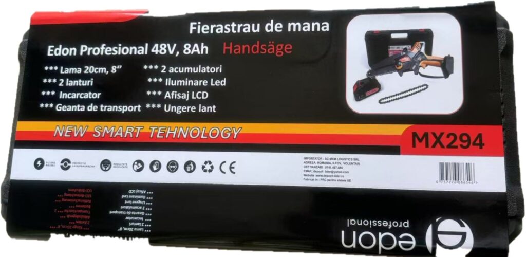 Mini fierastrau Edon MX294 Profesional 2 acumulatori 42 V 8Ah rezervor ulei sistem ungere lant lama 20 cm - Drujbe si Despicatoare busteni