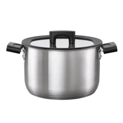 Oala cu capac, din otel inoxidabil, fara acoperire antiaderenta, Fiskars Hard Face, 5 l, 22 cm