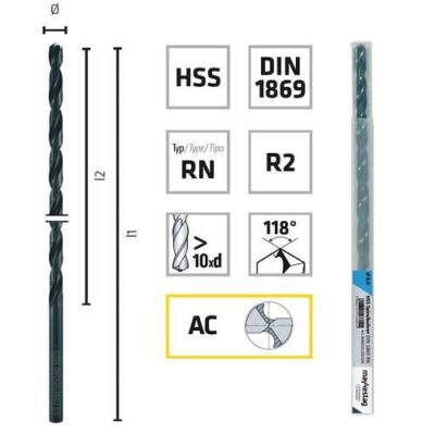 Burghiu pentru metal, ALPEN HSS Extralung, DIN1869 R2 RN, 8.5X305/210