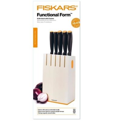 Set 5 cutite + bloc de lemn Fiskars Functional Form, otel inoxidabil, alb