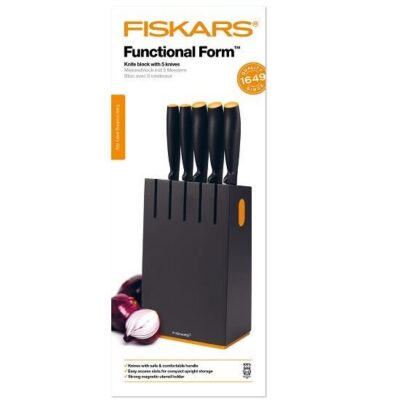 Set 5 cutite + bloc de lemn Fiskars Functional Form, otel inoxidabil, negru