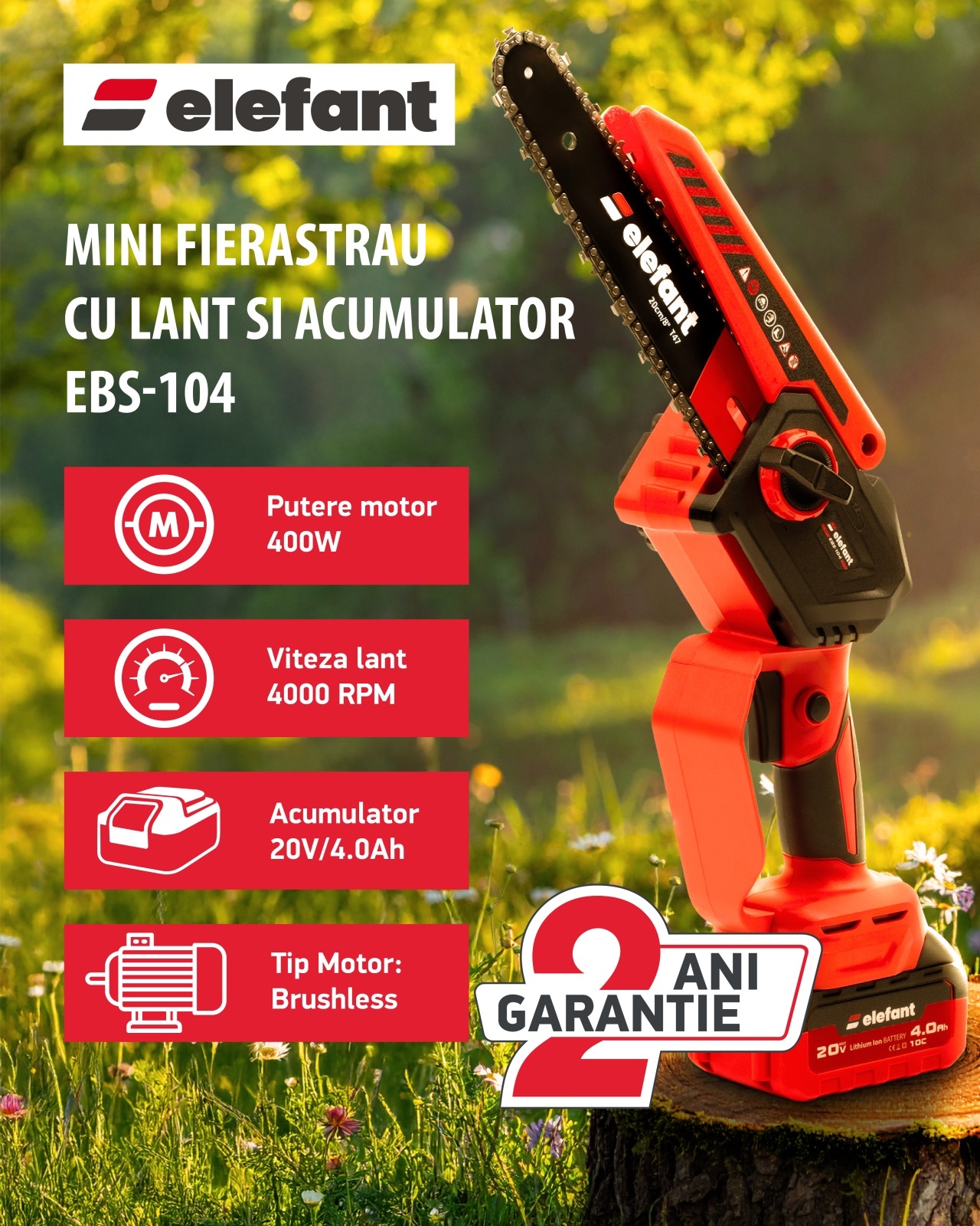 Mini fierăstrău cu lanț și acumulator ELEFANT EBS-104, 20V / 4Ah, Brushless – SimpleTools Mini fierăstrău cu lanț și acumulator ELEFANT EBS-104, 20V / 4Ah, Brushless - SimpleTools