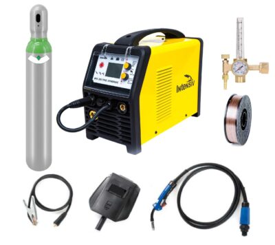 Pachet complet sudura MIG/MAG: MIG 200 TRIO SYNERGIC Intensiv, 230 V, 200 A, Butelie corgon 8l (plina), rola otel 5kg - 0.8mm