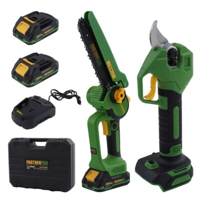 Set foarfecă de grădină și fierăstrău cu lanț pe acumulator PARTNERPRO PP-FF 5 IN 1, 2 acumulatori 20 V/2Ah Brushless
