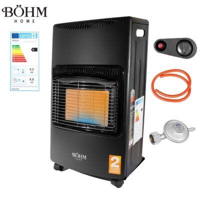 Soba pe gaz GPL pliabilă BÖHM BF-003B , 4,20 kW , 3 trepte de putere , 20-80 m² , Regulator GPL + Furtun GPL 1,5 m